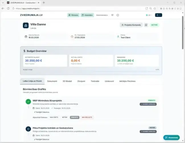 Zviedrumaja.lv klientu portāls — projekta pārvaldība, dokumenti, būvniecības grafiks